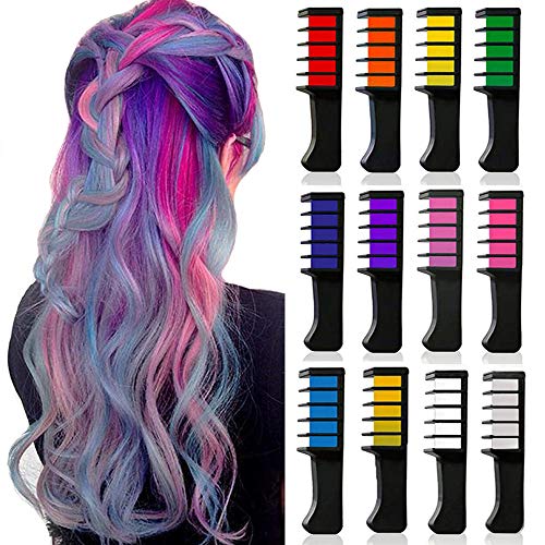 Kalolary 12 Colores Tiza para el Cabello, Temporal Cabello Tiza Peine Cabello Pelo Tiza Peine no Tóxico Lavables Tinte para Cabello para Niños y Adultos Halloween Navidad Cosplay DIY Fiesta