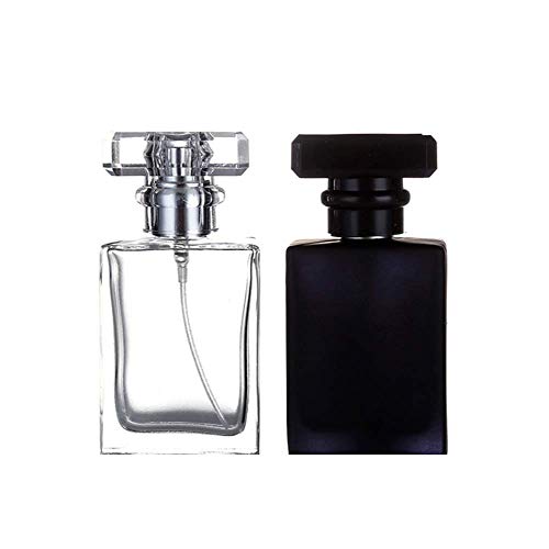 Kaptin Paquete de 2 botellas de perfume recargables de vidrio de 30 ml, botella vacía de atomizador portátil cuadrado, botella de spray de perfume (transparente + negro)