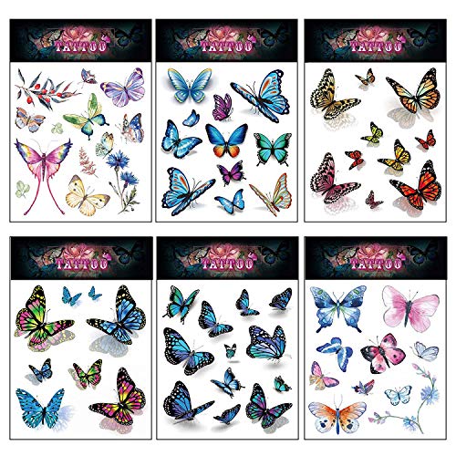 Keleily Tatuajes Temporales de Mariposa 16 Hojas Tatuajes Falsos Temporales para Adultos Body Art Tattoo Stickers para Mujeres, Niñas, Brazos, Piernas, Espalda, Colores