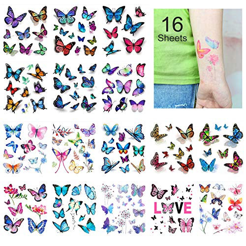 Keleily Tatuajes Temporales de Mariposa 16 Hojas Tatuajes Falsos Temporales para Adultos Body Art Tattoo Stickers para Mujeres, Niñas, Brazos, Piernas, Espalda, Colores