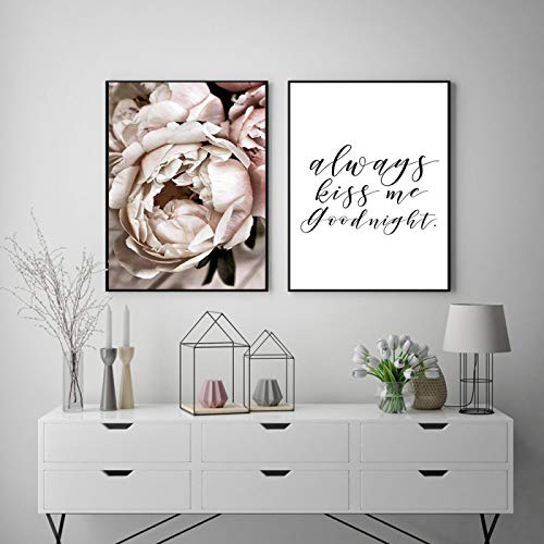 KELEQI Flor Rosa Peonía Pintura en Lienzo Cartel de Rosas nórdicas e impresión Imagen de Pared Siempre bésame Buenas Noches Cita Decoración (50x70cm) X2 Sin Marco