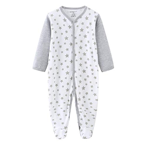 Kiddiezoom Mamelucos de algodón con pies de ajuste cómodo pijama de manga larga Onsises Sleepsuit, Oso gris y estrella y oso a rayas, 9 mes