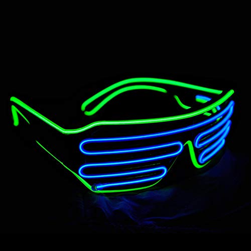 KingCorey Glow Shutter Neon Rave Glasses El Wire Flashing Gafas de Sol LED Light Up Disfraces de DJ para Fiesta, 80, EDM (Verde Claro+Azul)