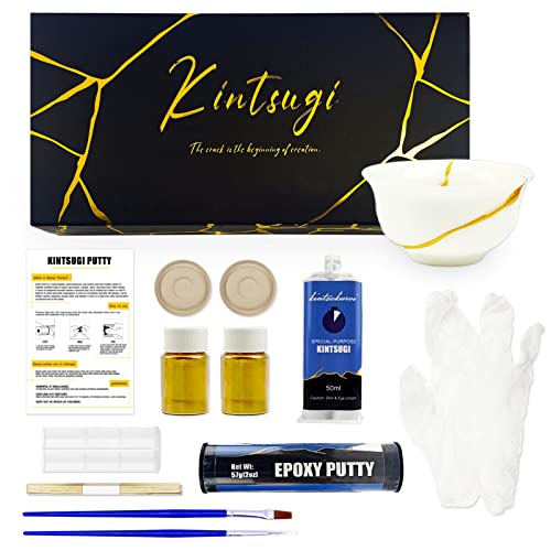 Kintsugi - Kit de reparación de oro, reparación de cerámica significativa con polvo de oro y pegamento de 50 ml y masilla epoxi de 57 g, Kintsugi Craft, kit de cerámica Kintsugi para principiantes