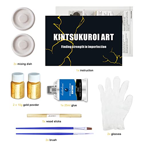 Kintsugi - Kit de reparación de tazones y jarrones de cerámica con pegamento en polvo dorado, kit de Kintsugi básico perfecto para principiantes, fácil artesanía Kintsugi