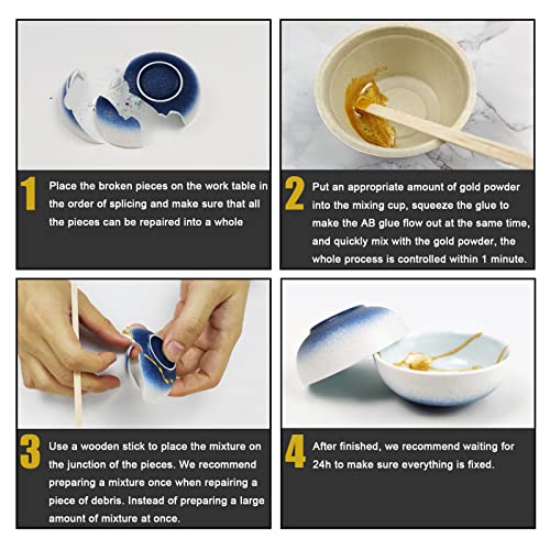 Kintsugi - Kit de reparación de tazones y jarrones de cerámica con pegamento en polvo dorado, kit de Kintsugi básico perfecto para principiantes, fácil artesanía Kintsugi