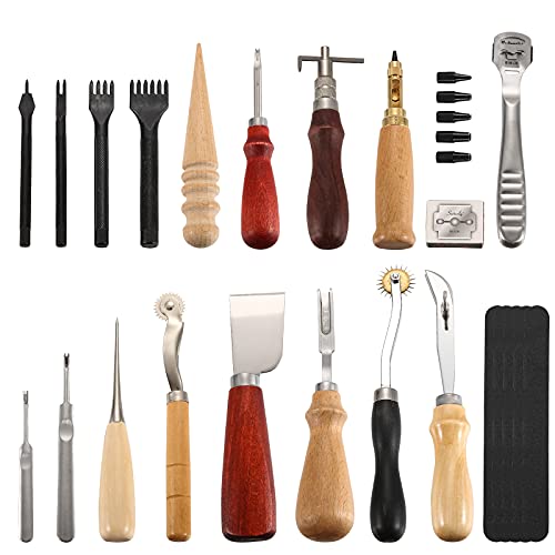 Kit de Herramientas de artesanía de Cuero Dechengbao 18 Piezas, Herramienta de Bricolaje de artesanía de Cuero para Coser a Mano, Estampar y Hacer sillines