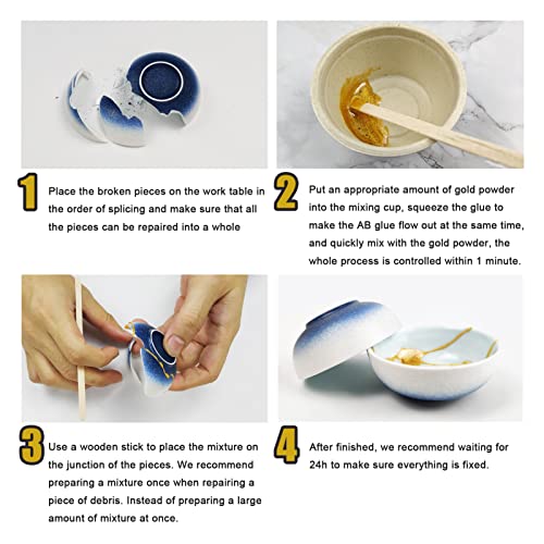 Kit de reparación Kintsugi, reparación de artículos de cerámica atesorados con pegamento de polvo dorado de 50 ml, kit de Kintsugi de nivel de entrada, con una taza de cerámica de práctica