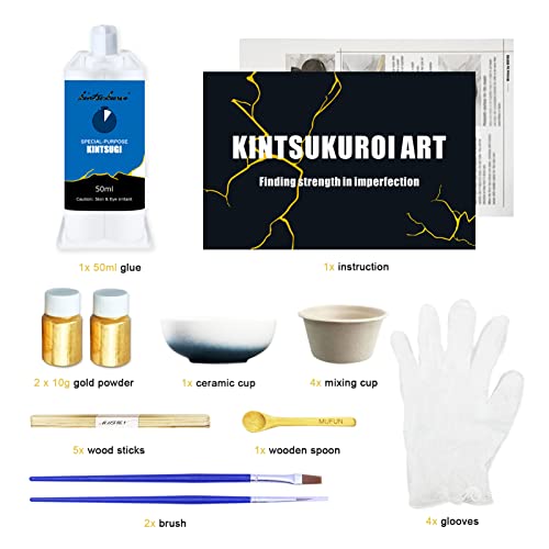 Kit de reparación Kintsugi, reparación de artículos de cerámica atesorados con pegamento de polvo dorado de 50 ml, kit de Kintsugi de nivel de entrada, con una taza de cerámica de práctica