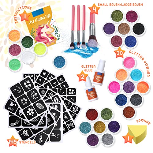 Kit de Tatuajes Temporales-30 Colores Tatuaje Purpurina,145 Únicas Plantillas,4 Pinceles, Tatuaje de Maquillaje Cara y Cuerpo, Perfecto para Carnaval, Fiestas Cumpleaños, Pascua