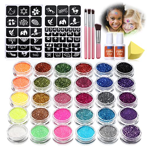 Kit de Tatuajes Temporales-30 Colores Tatuaje Purpurina,145 Únicas Plantillas,4 Pinceles, Tatuaje de Maquillaje Cara y Cuerpo, Perfecto para Carnaval, Fiestas Cumpleaños, Pascua