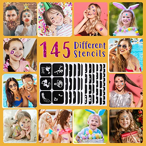 Kit de Tatuajes Temporales-30 Colores Tatuaje Purpurina,145 Únicas Plantillas,4 Pinceles, Tatuaje de Maquillaje Cara y Cuerpo, Perfecto para Carnaval, Fiestas Cumpleaños, Pascua