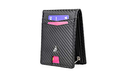 KJENIUS® Giotto Carteras para Hombre Slim con Monedero de Piel Negra en Fibra de Carbono, Billetera Hombre Bloqueo Protección RFID, 10 Tarjetas de Crédito, Bolsillo para Billetes, Caja Regalo