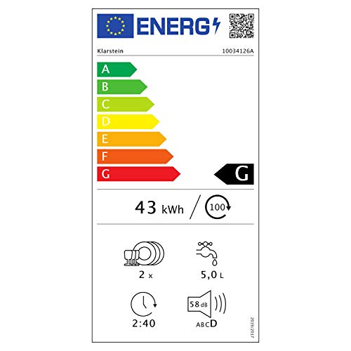 Klarstein Aquatica - Mini lavavajillas 860W, 3 programas, EEC A, 360°, Lavavajillas portatil pequeño, uso sin conexión, capacidad 2 servicios, Consumo de 5L agua, 125 kWh/año, Control táctil, Blanco