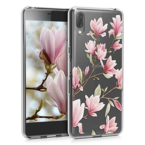 kwmobile Carcasa Compatible con Sony Xperia L3 - Funda Silicona TPU Magnolias Rosa Claro/Blanco/Transparente