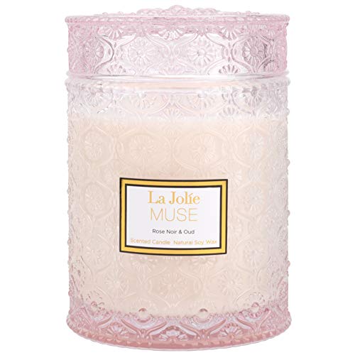 La Jolíe Muse Velas Aromáticas - Vela Perfumada de Rosa Noir y Oud, Vela Tarro Cristal, Vela aromatica Grande, Vela Aromatica para Regalo, 90 Horas, 550g