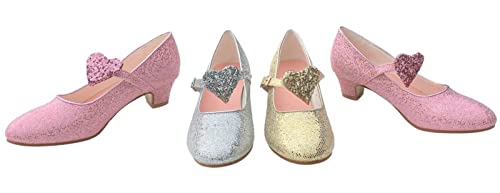 LA SEÑORITA Zapatos de Tacón Elsa Anna Frozen con corazón, Flamenco y Sevillanas. Suela de Goma & Gran Sujeción. para Niña [Talla 24 a 35]. Rosa con Purpurina & Zapatos de Princesa