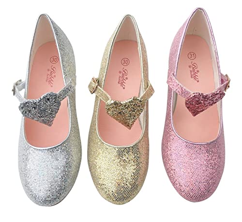 LA SEÑORITA Zapatos de Tacón Elsa Anna Frozen con corazón, Flamenco y Sevillanas. Suela de Goma & Gran Sujeción. para Niña [Talla 24 a 35]. Rosa con Purpurina & Zapatos de Princesa