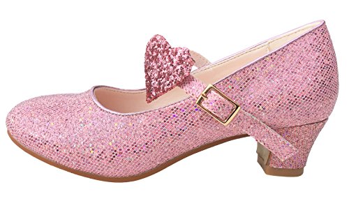 LA SEÑORITA Zapatos de Tacón Elsa Anna Frozen con corazón, Flamenco y Sevillanas. Suela de Goma & Gran Sujeción. para Niña [Talla 24 a 35]. Rosa con Purpurina & Zapatos de Princesa