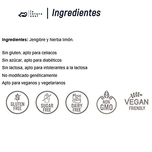 LA TETERA AZUL Infusión Ecológica De Jengibre Y Hierba Limón. Té Adelgazante Orgánico. Organic Ginger Lemon. 20 Bolsitas De 1,5 Gramos.