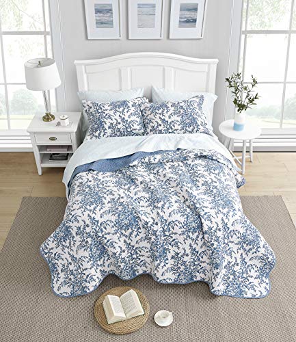 Laura Ashley Bedford algodón edredón Reversible Set, algodón, Azul, Full/Queen