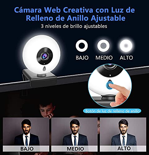 lesvtu 2K HD Webcam con Micrófono y Anillo de Luz, Camara Web con Cover y Tripode para PC/Mac/Ordenador Portatil/Sobremesa, Web CAM para Youtube, Skype, Zoom, Xbox One, PS4 y Videoconferencia