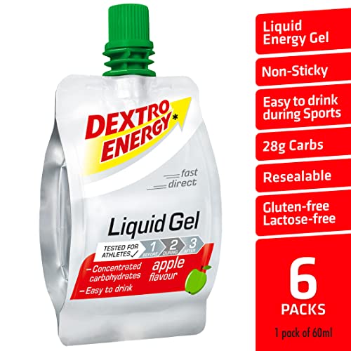 Liquid Energy Gel, 6 x 60 ml Dextro Energy Liquid Gel Manzana, alternativa a las barritas energéticas, con glucosa de uva ideal para viajes, 100% vegano