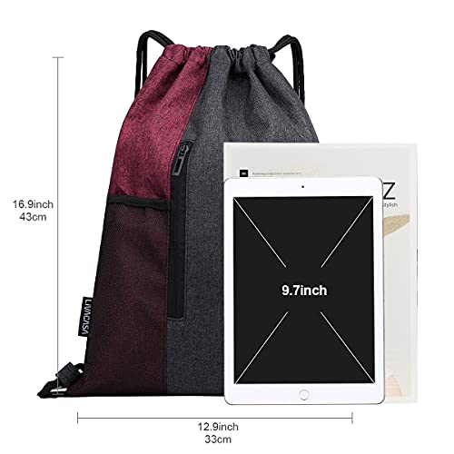 LIVACASA Mochilas de Cuerdas Mujer Hombre Toma USB para Auriculares con Bolsillos Mallas para Botellas Tela Oxford Bolsa de Cuerdas Mochilas Impermeables para Yoga Gimnasio Deportes Burdeos 43 * 33cm