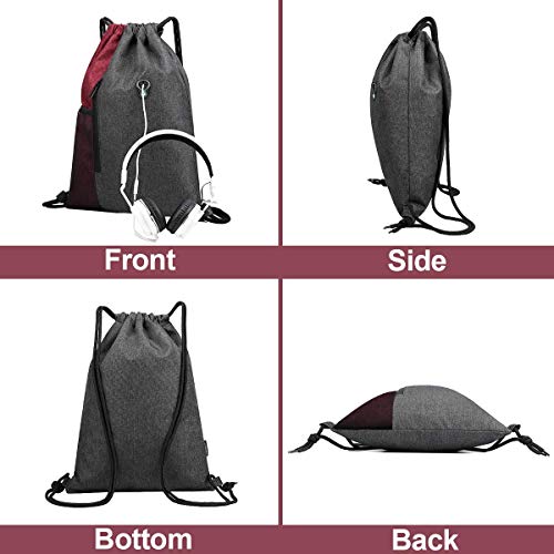 LIVACASA Mochilas de Cuerdas Mujer Hombre Toma USB para Auriculares con Bolsillos Mallas para Botellas Tela Oxford Bolsa de Cuerdas Mochilas Impermeables para Yoga Gimnasio Deportes Burdeos 43 * 33cm