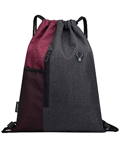 LIVACASA Mochilas de Cuerdas Mujer Hombre Toma USB para Auriculares con Bolsillos Mallas para Botellas Tela Oxford Bolsa de Cuerdas Mochilas Impermeables para Yoga Gimnasio Deportes Burdeos 43 * 33cm