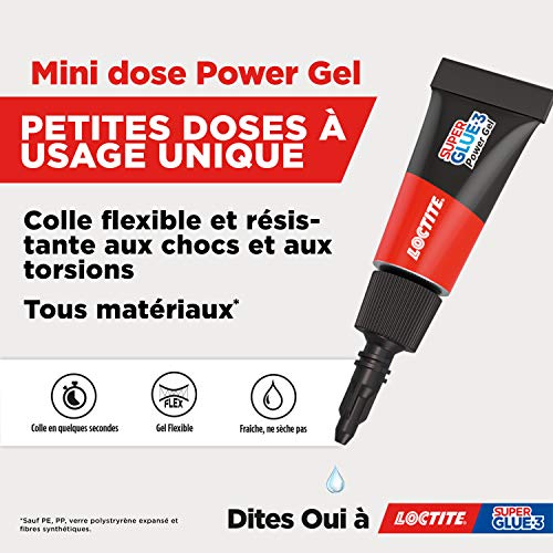 Loctite Super Glue-3 Power Gel Mini Dose, Pegamento fuerte enriquecido con goma, mini dosis de pegamento gel ultrarresistente, secado inmediato, pegamento transparente, paquete de 3 tubos de 1 g