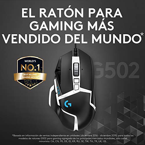 Logitech G502 HERO Ratón Gaming Edición Especial con Cable Alto Rendimiento, Captor HERO 25K, 25,600 DPI, RGB, Peso Personalizable, 11 Botones Programables, PC/Mac - Blanco y Negro