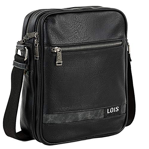 Lois - Bolso Hombre Bandolera Pequeña de Piel PU - Bolso de Hombro de Marca LOIS con Cremallera para Uso Casual, Trabajo y Viaje Diseñado en España 310226, Color Negro