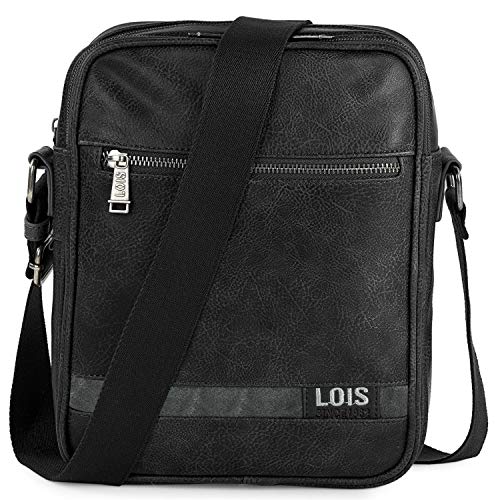 Lois - Bolso Hombre Bandolera Pequeña de Piel PU - Bolso de Hombro de Marca LOIS con Cremallera para Uso Casual, Trabajo y Viaje Diseñado en España 310226, Color Negro