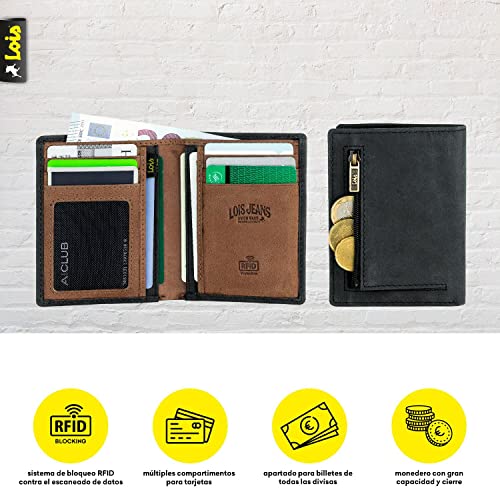 Lois - Cartera para Hombre de Cuero. Billetera de Piel Genuina. Compartimentos Monedero Billetes Tarjetas y Documentación. Protección Seguridad RFID 202818, Color Antracita