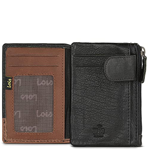 Lois - Cartera para Hombre Piel Genuina Pequeña con Cierre y Monedero. Bloqueo Antiescaneo de Seguridad RFID en Tarjetero de Marca LOIS Diseñada en España 205410, Color Negro-Tan