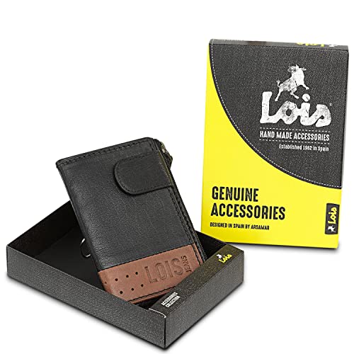 Lois - Cartera para Hombre Piel Genuina Pequeña con Cierre y Monedero. Bloqueo Antiescaneo de Seguridad RFID en Tarjetero de Marca LOIS Diseñada en España 205410, Color Negro-Tan