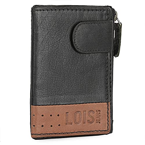 Lois - Cartera para Hombre Piel Genuina Pequeña con Cierre y Monedero. Bloqueo Antiescaneo de Seguridad RFID en Tarjetero de Marca LOIS Diseñada en España 205410, Color Negro-Tan