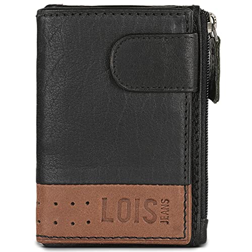 Lois - Cartera para Hombre Piel Genuina Pequeña con Cierre y Monedero. Bloqueo Antiescaneo de Seguridad RFID en Tarjetero de Marca LOIS Diseñada en España 205410, Color Negro-Tan