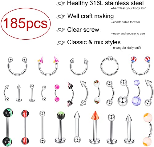 LOLIAS 185 Piezas Joyería para Perforar El Cuerpo para Mujeres Hombres Lengua Anillos para Pezones Cejas Labios Ombligo Barra Piercing para La Nariz Tragus Barras para El Ombligo 14g-18g