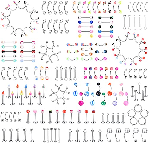 LOLIAS 185 Piezas Joyería para Perforar El Cuerpo para Mujeres Hombres Lengua Anillos para Pezones Cejas Labios Ombligo Barra Piercing para La Nariz Tragus Barras para El Ombligo 14g-18g