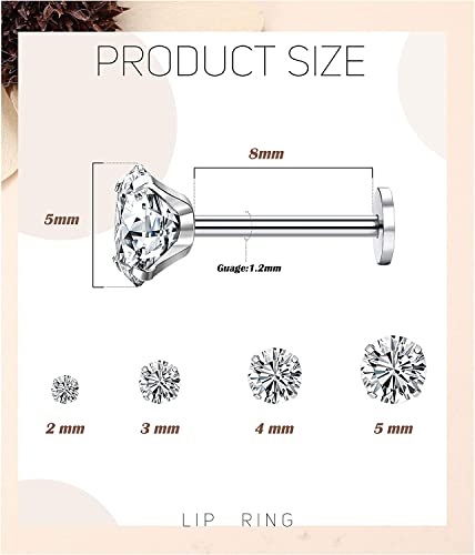 LOLIAS 4 Pares 16G Acero Inoxidable Tragus Piercing para Mujeres Hombres Helix Piercing Labio Stud Pendientes Nariz 2/3/4/5 MM Cubic Zirconia Opal Monroe Piercing Oreja Cartilago Joyas