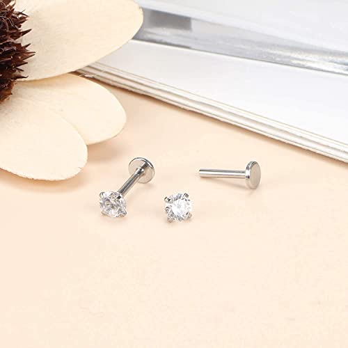 LOLIAS 4 Pares 16G Acero Inoxidable Tragus Piercing para Mujeres Hombres Helix Piercing Labio Stud Pendientes Nariz 2/3/4/5 MM Cubic Zirconia Opal Monroe Piercing Oreja Cartilago Joyas