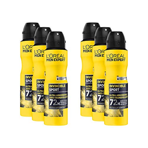 L'Oréal Men Expert Invincible Sport - Desodorante en espray antitranspirante con 72 horas de protección en seco, Pack de 6 x 150 ml (900ml)