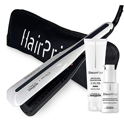 L'Oréal Professionnel Steampod 3.0 - Plancha alisadora + crema para cabello grueso 150 ml + sérum 50 ml + estuche de almacenamiento plano negro Hairprice