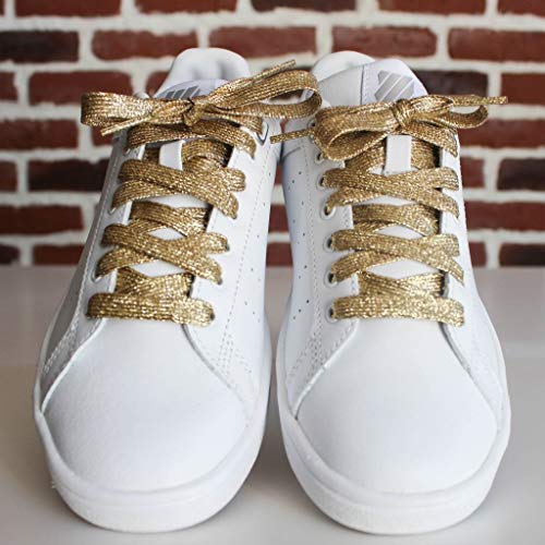 【Lote de 2 pares de cordones 】 Cordones dorados planos con purpurina premium – Cordones plateados y dorados – Longitud 115 cm – Cordones originales para personalizar sus zapatos.