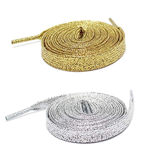 【Lote de 2 pares de cordones 】 Cordones dorados planos con purpurina premium – Cordones plateados y dorados – Longitud 115 cm – Cordones originales para personalizar sus zapatos.