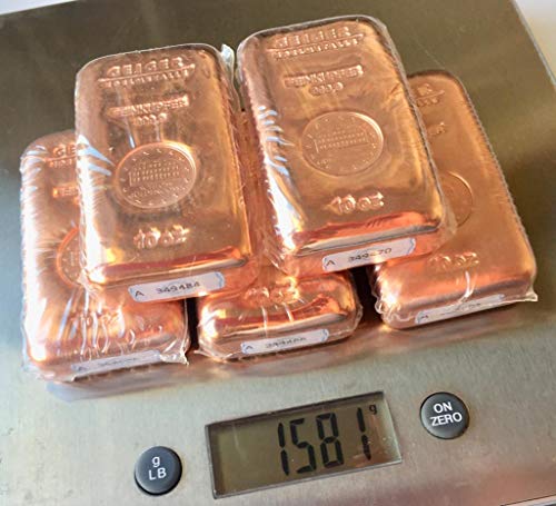 Lote de 5 lingotes de cobre de 311 gramos (10 oz) cada uno (total 50 oz = 1555 gramos de cobre) de refinería alemana de metales preciosos Geiger Edelmetalle