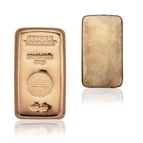 Lote de 5 lingotes de cobre de 311 gramos (10 oz) cada uno (total 50 oz = 1555 gramos de cobre) de refinería alemana de metales preciosos Geiger Edelmetalle