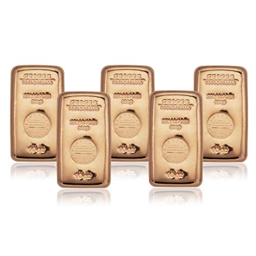 Lote de 5 lingotes de cobre de 311 gramos (10 oz) cada uno (total 50 oz = 1555 gramos de cobre) de refinería alemana de metales preciosos Geiger Edelmetalle